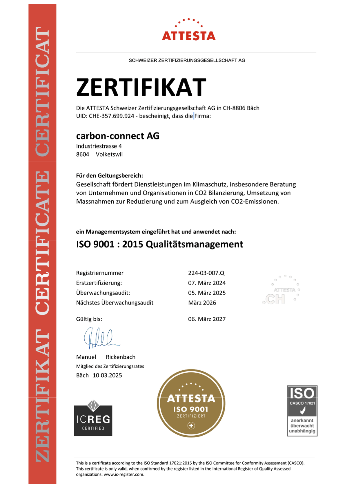 ISO 9001:2015 Qualitätsmanagementsystem (Zertifikat)