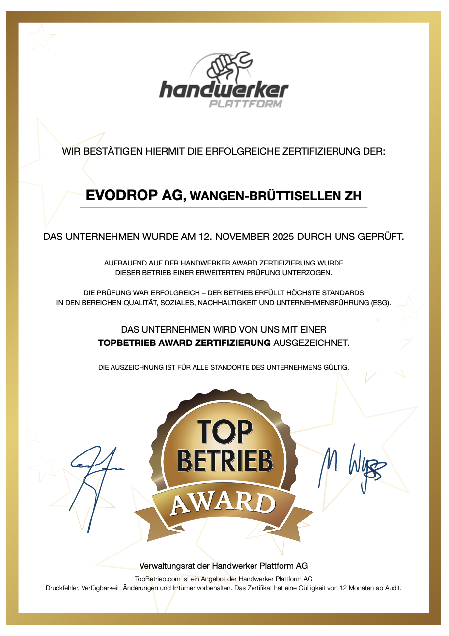 Evodrop AG TopBetrieb AWARD Zertifikat 2025/2026