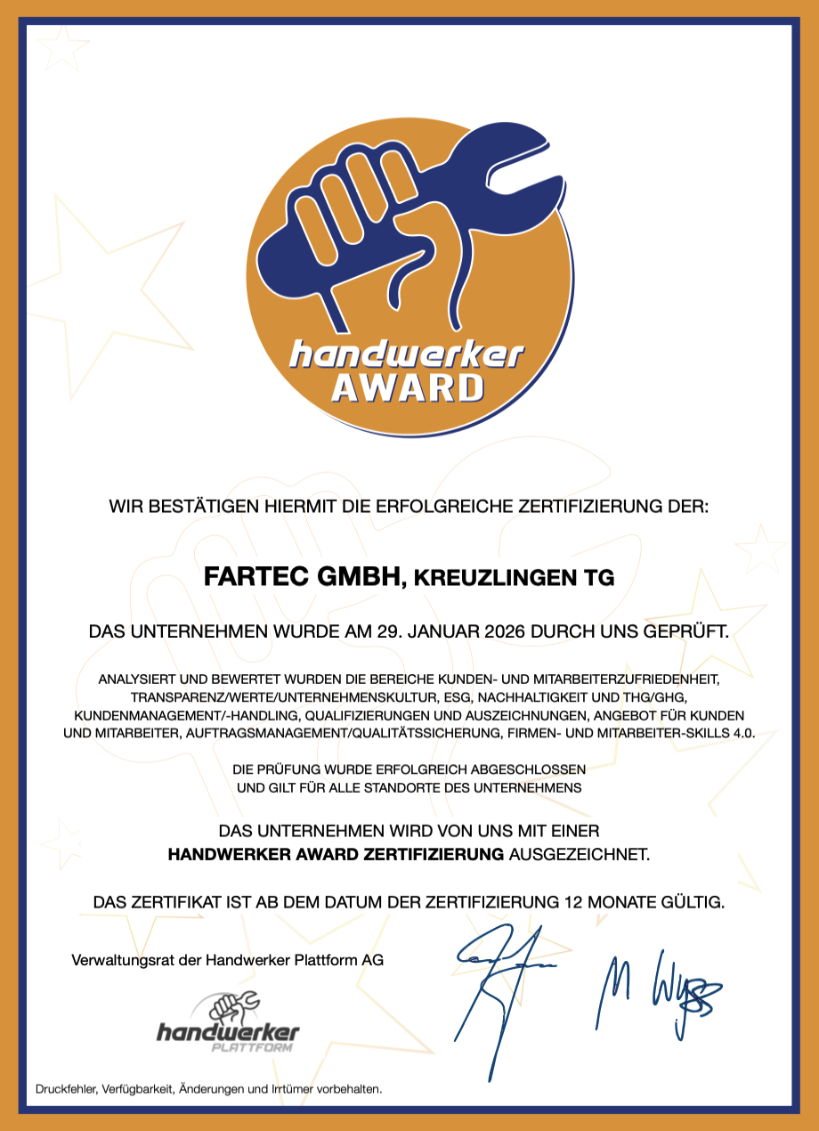 FARTEC GmbH handwerker AWARD Zertifikat 2026