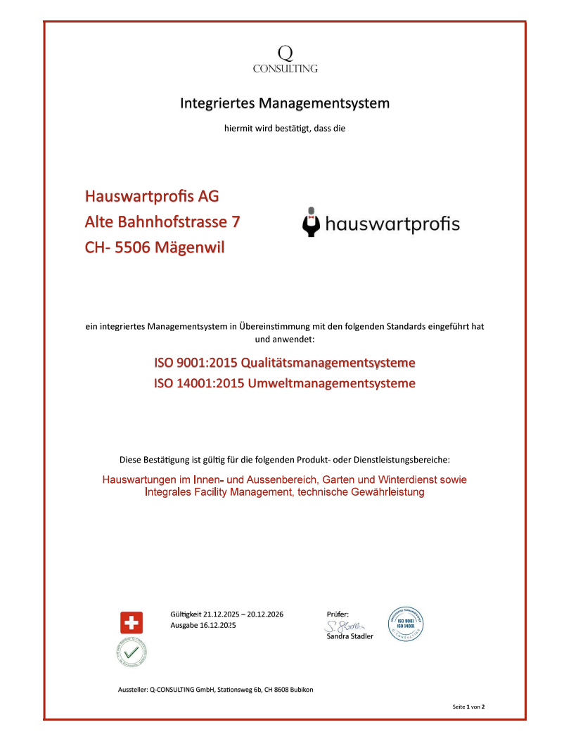 ISO 9001:2015 Qualitätsmanagementsystem (Zertifikat) ISO 14001:2015 Umweltmanagementsystem (Zertifikat)