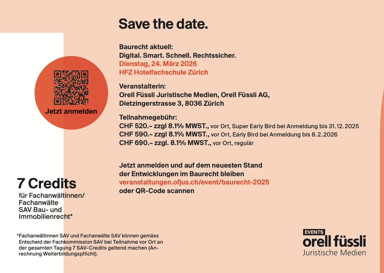 Flyer Baurecht aktuell: Digital. Smart. Schnell. Rechtssicher. Orell Füssli Juristische Medien AG