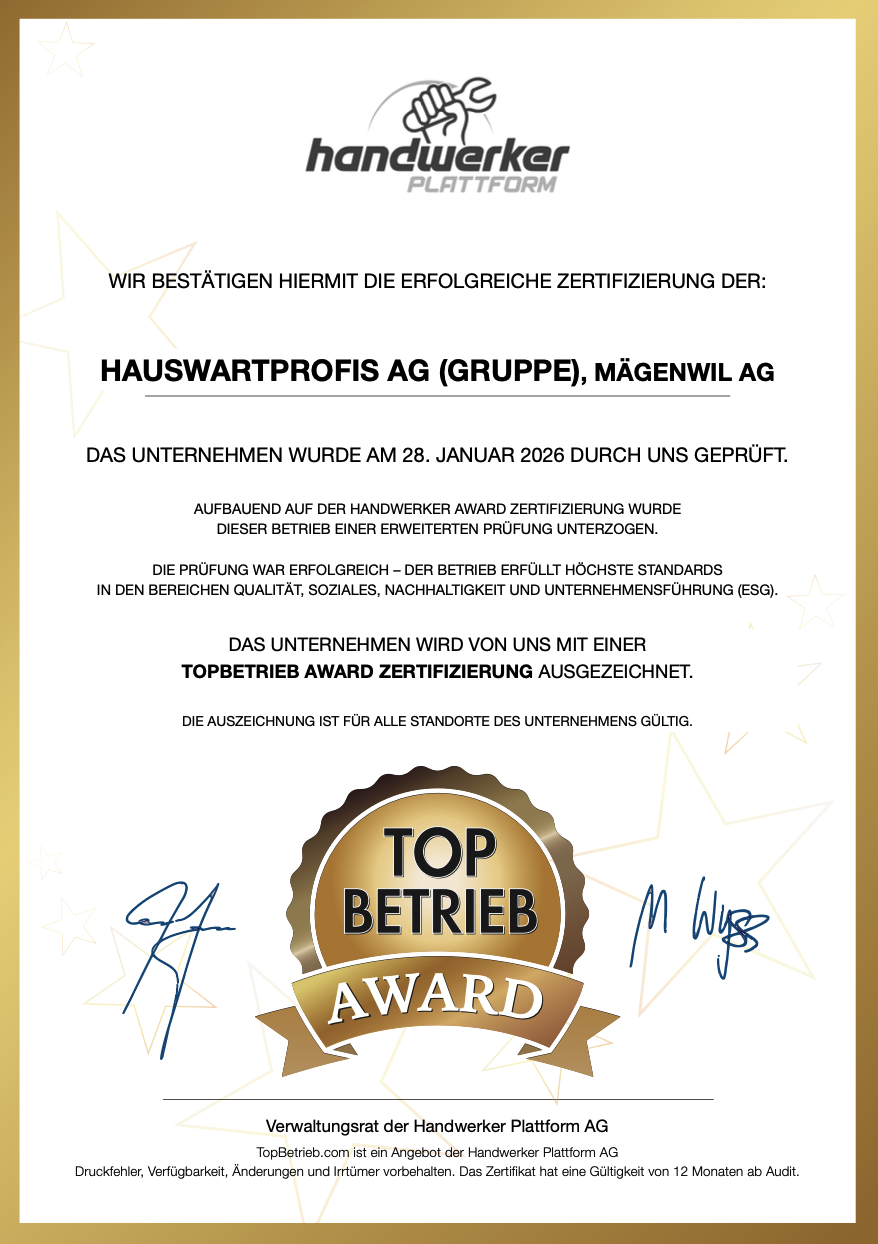 hauswartprofis Gruppe: dieser Betrieb wurde von handwerker.ch mit dem TopBetrieb AWARD zertifiziert und ausgezeichnet