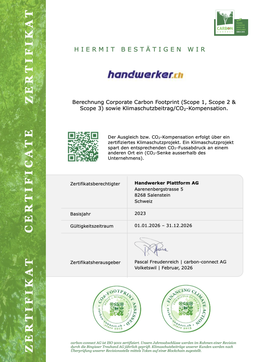 Transparenz statt Schlagworte: handwerker.ch best&auml;tigt CO2-Kompensation f&uuml;r 2026