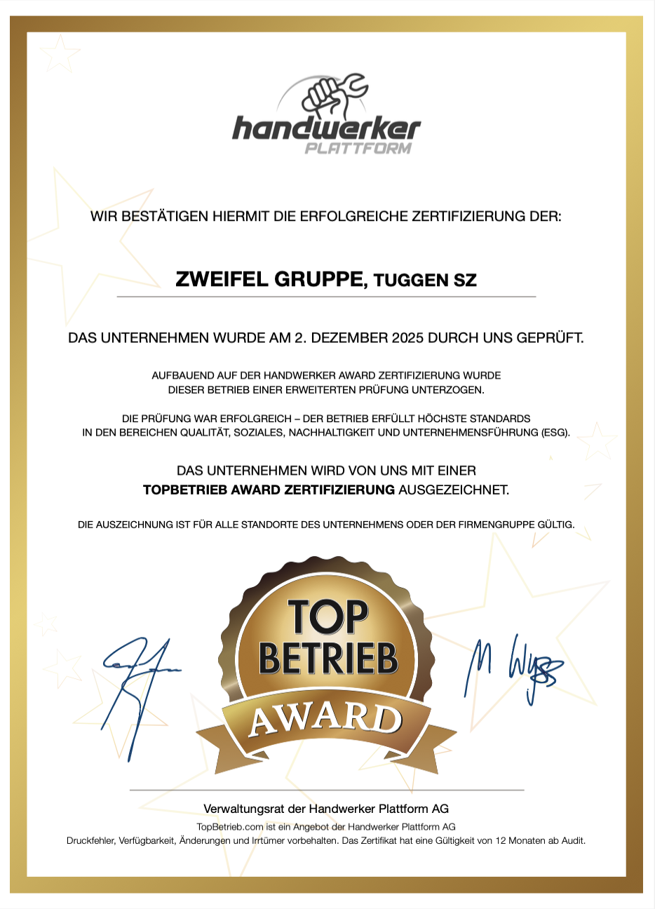 Aquagreen AG | Zweifel Gruppe TopBetrieb AWARD Zertifikat 2025/2026