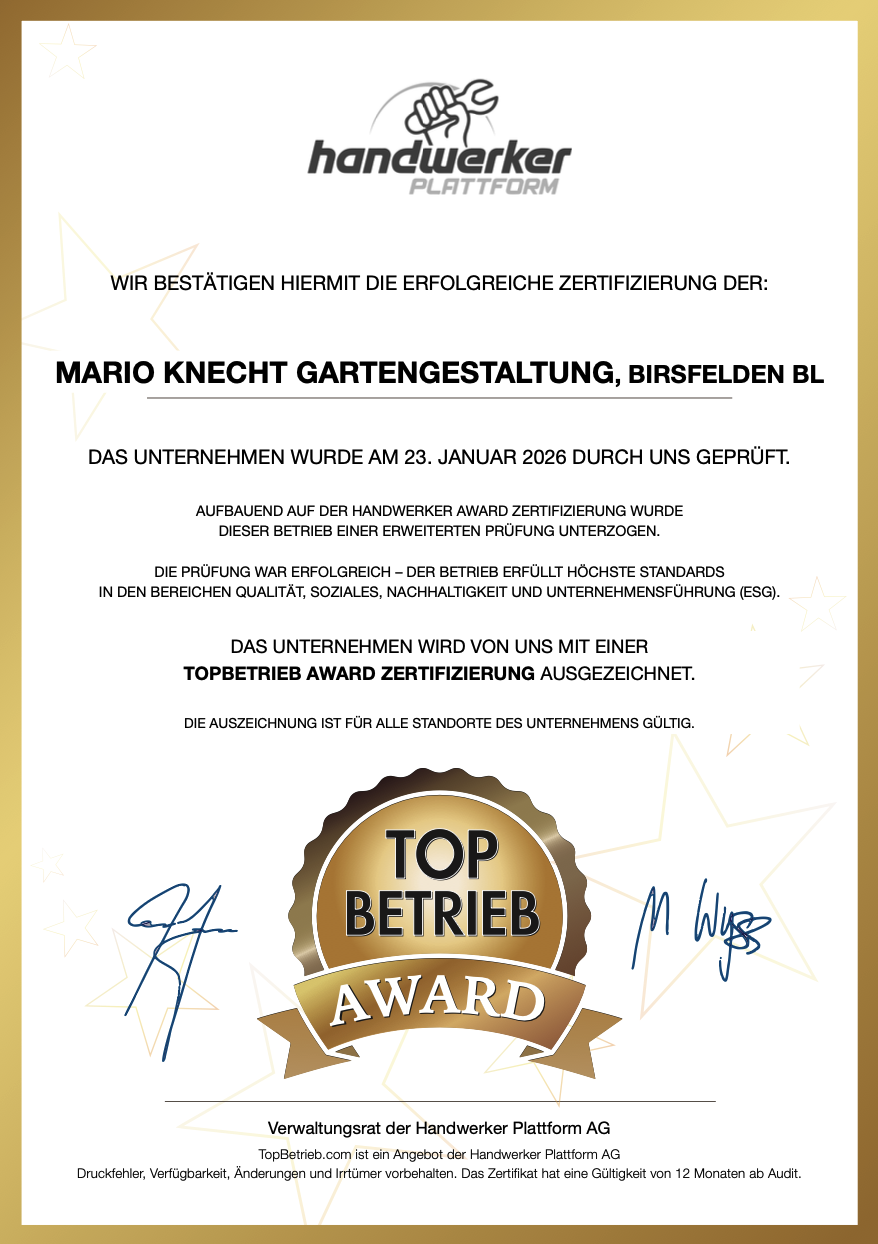 Mario Knecht Gartengestaltung TopBetrieb AWARD Zertifikat 2026 Mario Knecht Gartengestaltung TopBetrieb AWARD Zertifikat 2026