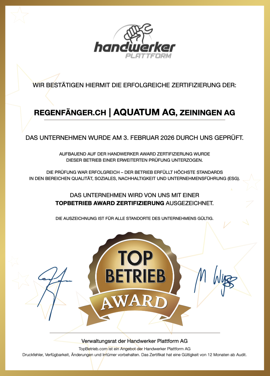 regenf&auml;nger.ch | Aquatum AG TopBetrieb AWARD Zertifikat 2026/2027